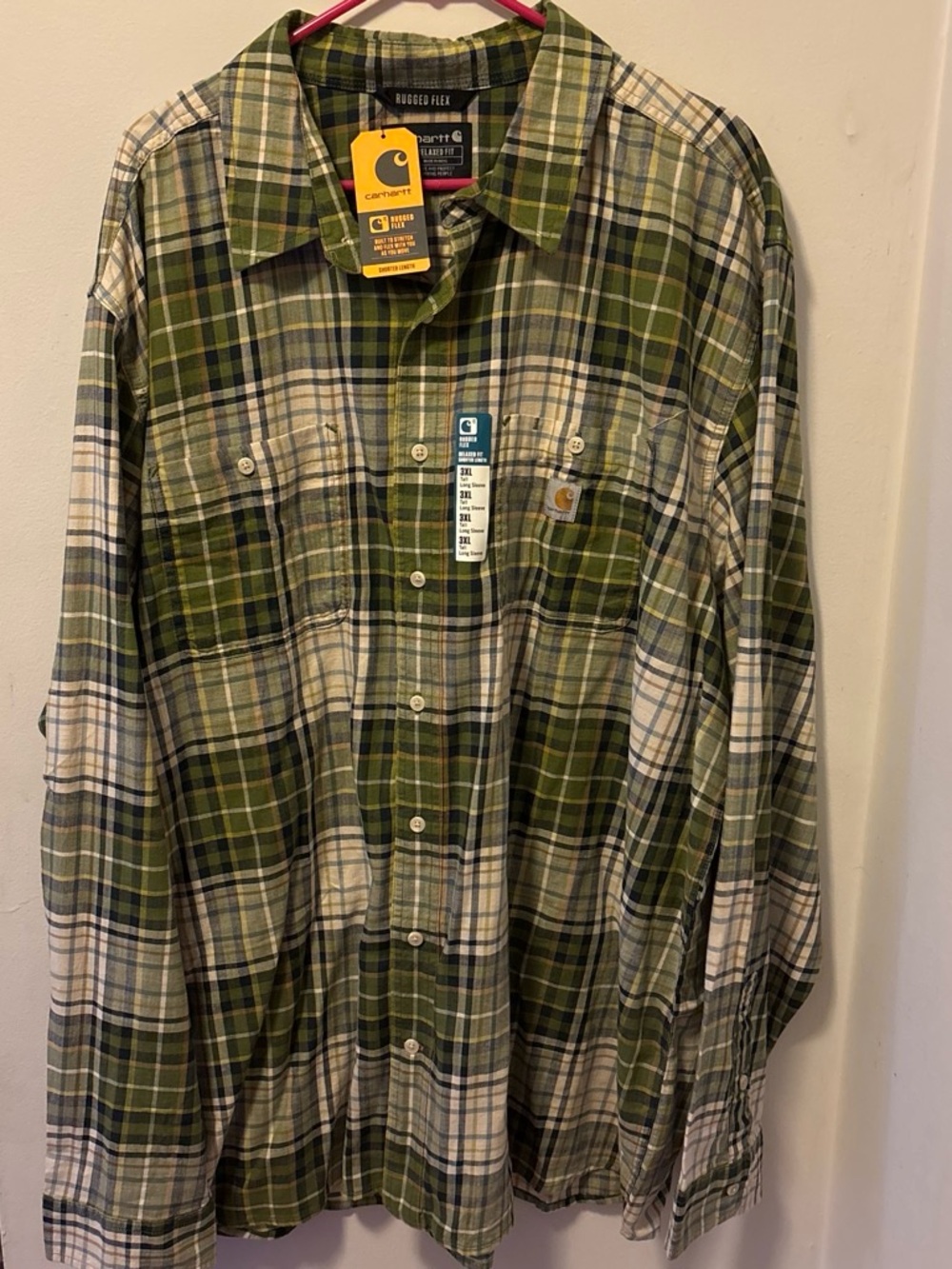 Carhartt Men's Green and Cream Plaid Button-Down Work Shirt